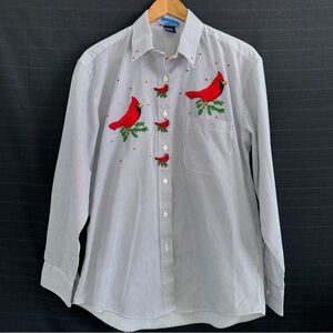 Las Olas White Black Pinstripe Cardinal Patch Long Sleeve Vintage Top Shirt M